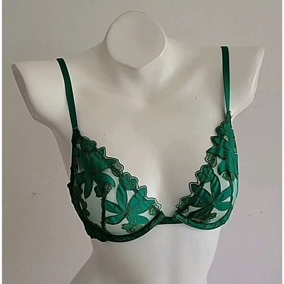 Victoria Secret Very Sexy Verdant Green Unlined Low Cut Demi Bra 34C Embroidered - Picture 2 of 11
